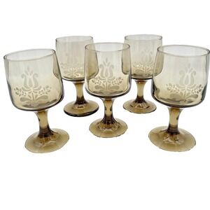 Pfaltzgraff Village Wine Glasses Goblet 6 oz Smoky Brown Etched Set of 5 Vintage